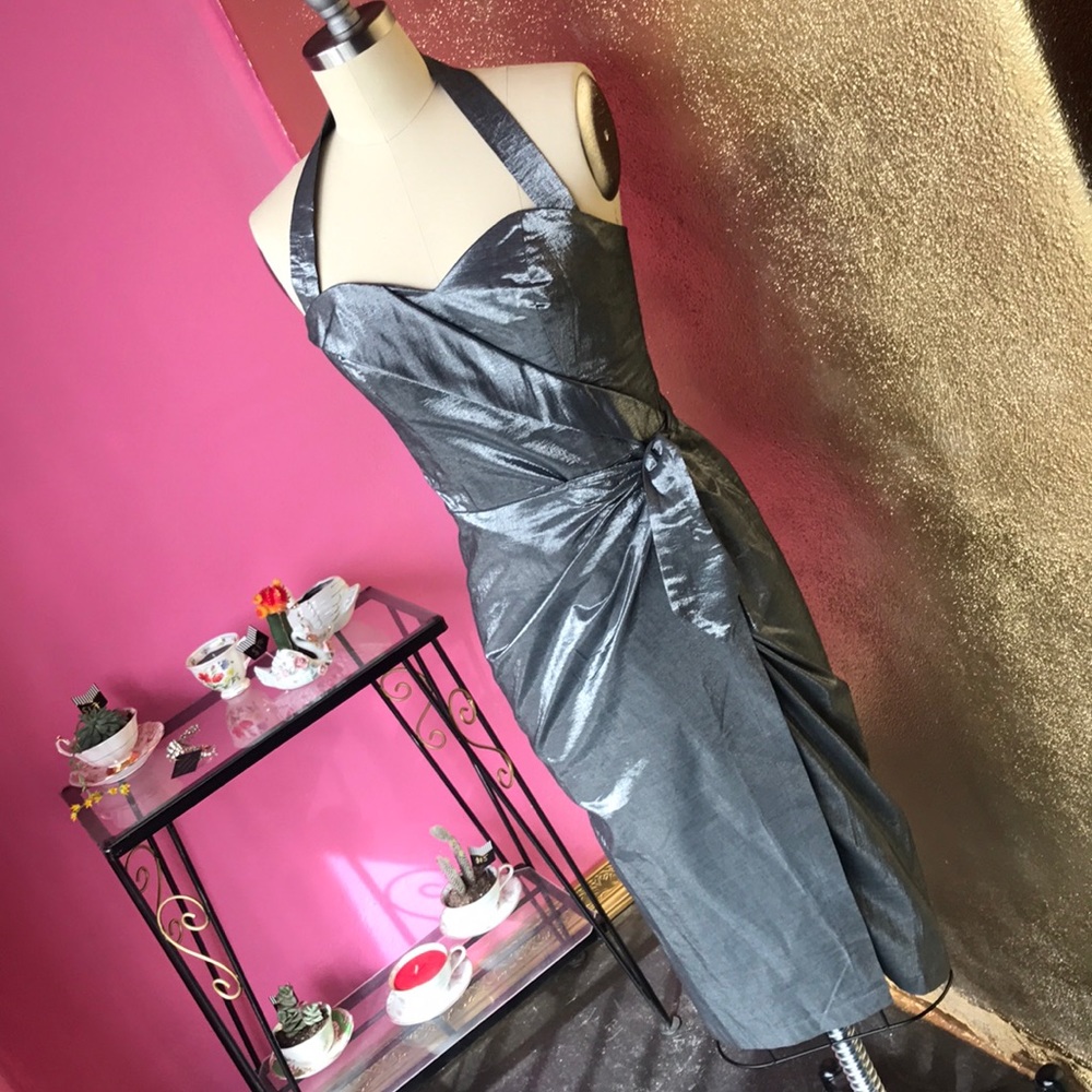 Whirling turban gun metal grey wrap dress